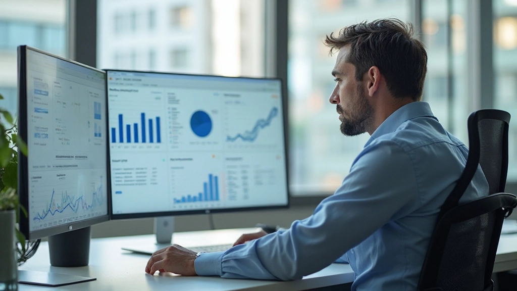 Аналитик маркетинга анализирует результаты кампании на большом мониторе