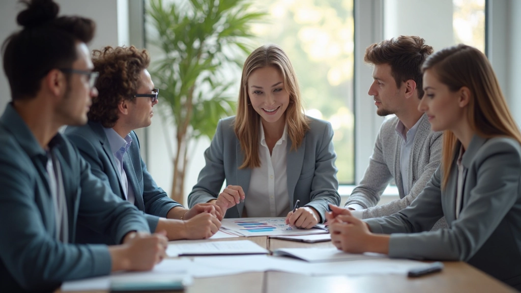 Команда маркетологов проводит стратегическое планирование в современном офисе